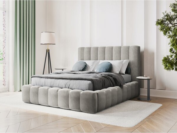 Jasnoszare tapicerowane łóżko dwuosobowe ze schowkiem i stelażem 180x200 cm Kelp – Micadoni Home