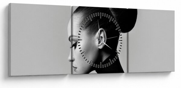 Obraz - Profil pięknej kobiety (z zegarem) (90x30 cm)