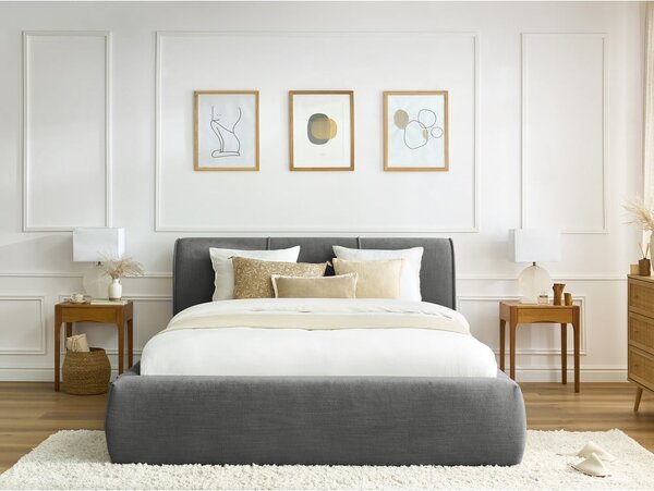 Szare tapicerowane łóżko dwuosobowe ze schowkiem i stelażem 160x200 cm Vernon – Bobochic Paris