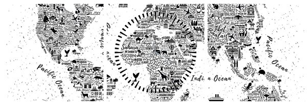 Obraz - Mapa piktogramów (z zegarem) (90x30 cm)