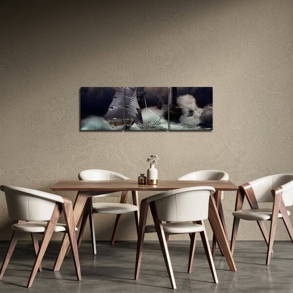 Obraz - Statek płynący przez wzburzone fale (z zegarem) (90x30 cm)