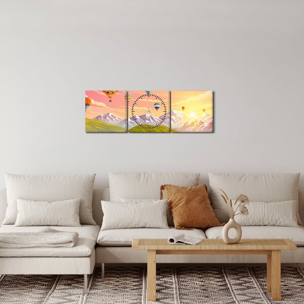 Obraz balonów nad krajobrazem (z zegarem) (90x30 cm)