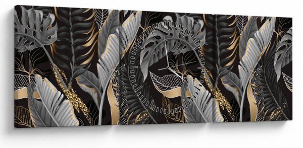 Obraz - Tropikalne liście w kolorze czarno - złotym (z zegarem) (90x30 cm)