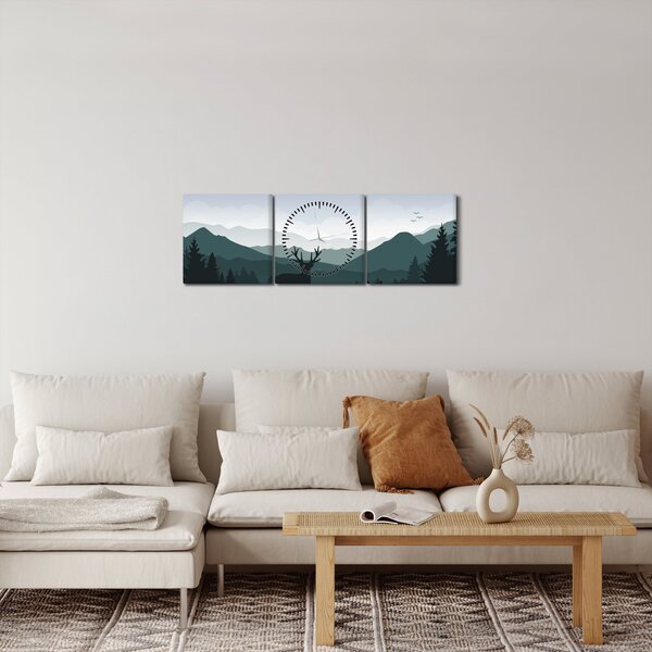 Obraz - Jeleń z wilkiem w skałach (z zegarem) (90x30 cm)