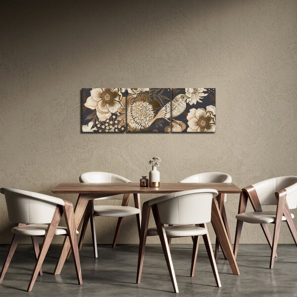 Obraz złotych kwiatów na ciemnym tle (z zegarem) (90x30 cm)