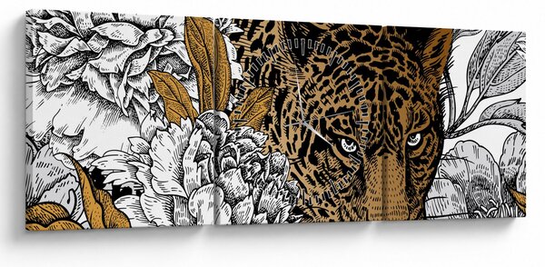 Obraz - Lampart pośród kwiatów (z zegarem) (90x30 cm)