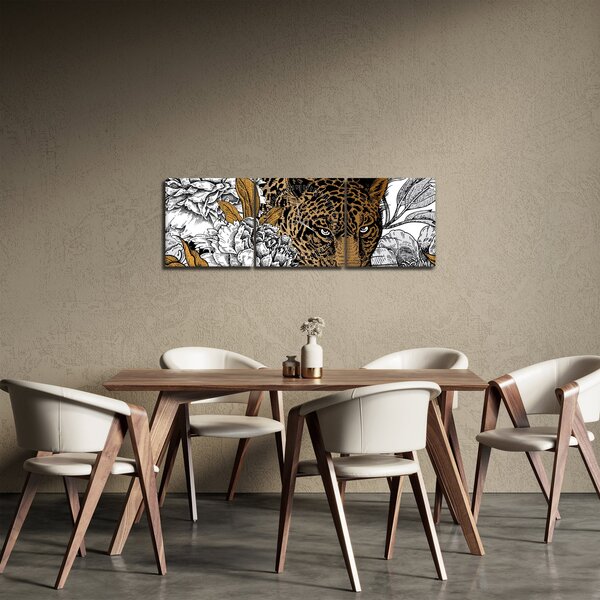 Obraz - Lampart pośród kwiatów (z zegarem) (90x30 cm)