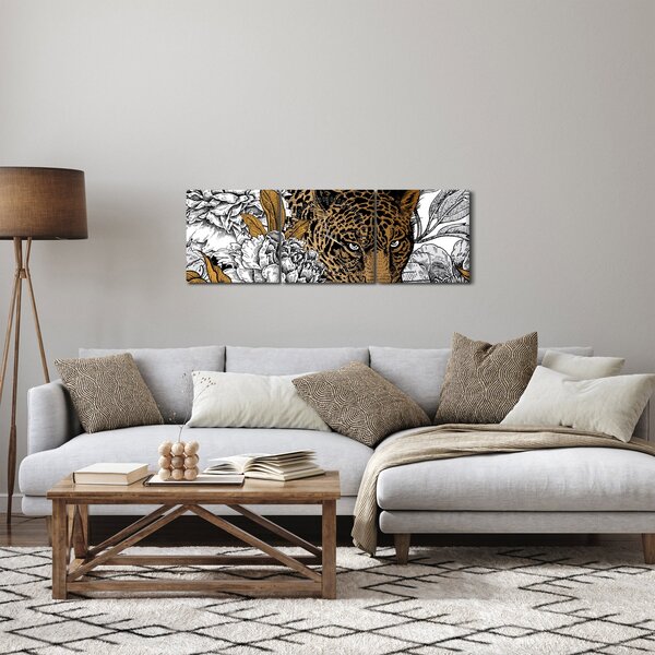 Obraz - Lampart pośród kwiatów (z zegarem) (90x30 cm)