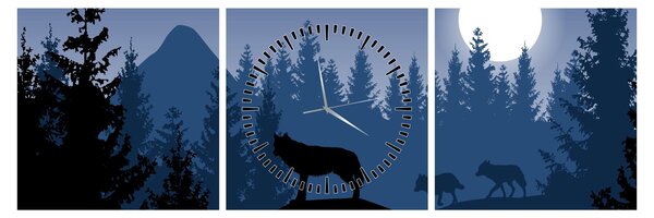 Obraz - Wataha wilków pod księżycem w pełni (z zegarem) (90x30 cm)