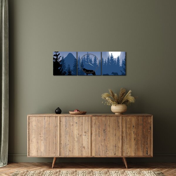 Obraz - Wataha wilków pod księżycem w pełni (z zegarem) (90x30 cm)