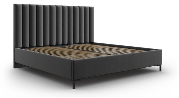 Ciemnoszare tapicerowane łóżko dwuosobowe ze schowkiem i stelażem 200x200 cm Casey – Mazzini Beds