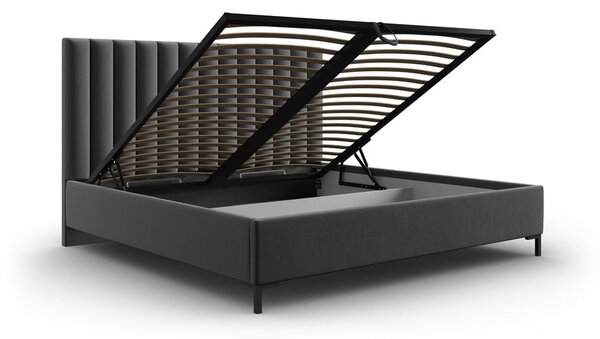 Ciemnoszare tapicerowane łóżko dwuosobowe ze schowkiem i stelażem 200x200 cm Casey – Mazzini Beds