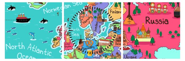 Obraz - Dziecięca mapa Europy (z zegarem) (90x30 cm)
