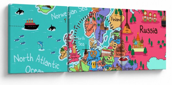 Obraz - Dziecięca mapa Europy (z zegarem) (90x30 cm)