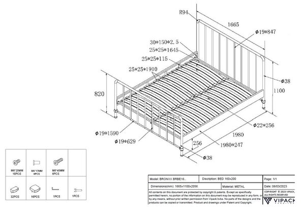 Białe metalowe łóżko dwuosobowe ze stelażem 160x200 cm BRONXX – Vipack