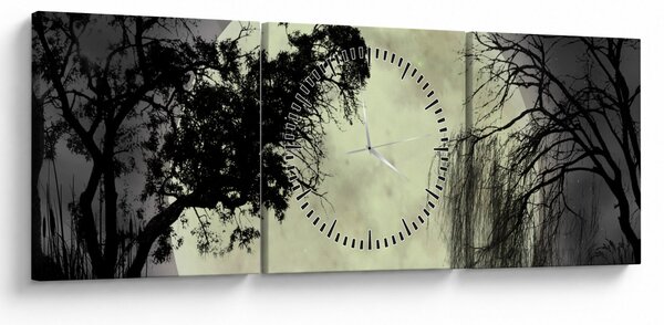Obraz - Księżyc w pełni nad powierzchnią, wersja czarno - biała (z zegarem) (90x30 cm)
