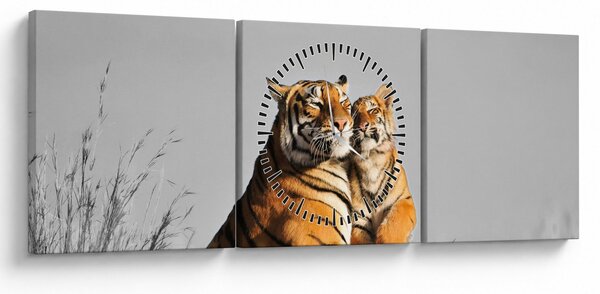 Obraz - Tygrysica i jej młode, wersja czarno - biała (z zegarem) (90x30 cm)