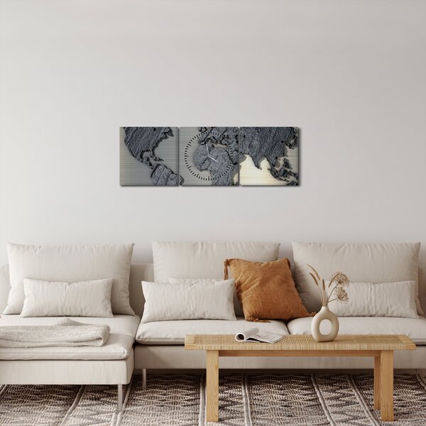 Obraz - Mapa świata w kamiennej teksturze (z zegarem) (90x30 cm)