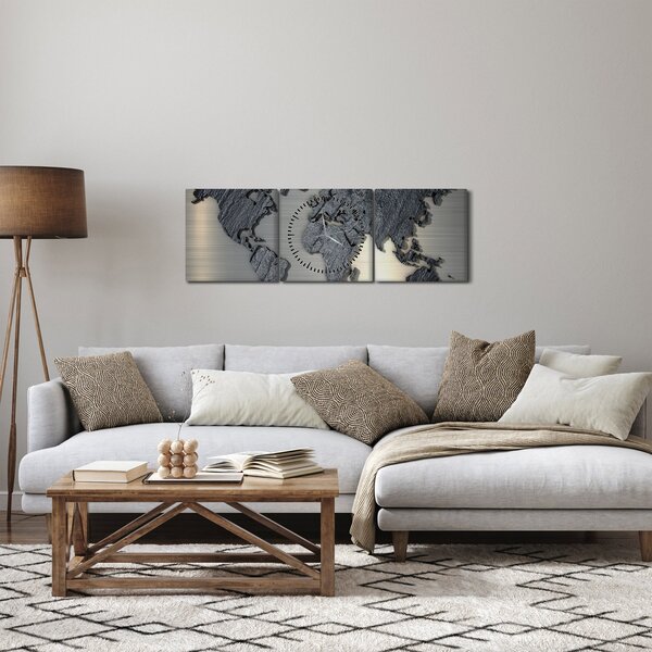 Obraz - Mapa świata w kamiennej teksturze (z zegarem) (90x30 cm)