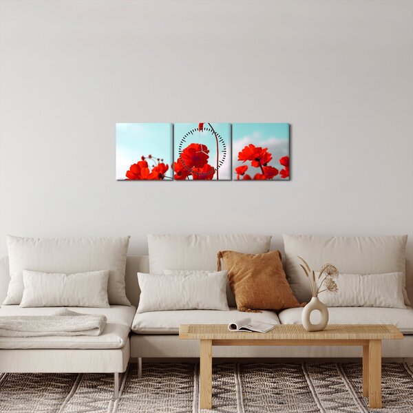 Obraz pola z jasnoczerwonymi kwiatami (z zegarem) (90x30 cm)