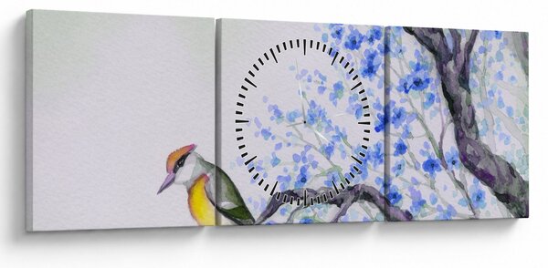 Obraz - ptak na drzewie z niebieskimi kwiatami (z zegarem) (90x30 cm)