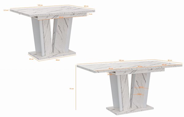 MebleMWM Stół rozkładany DOHA 2 | 120-160x80 | Biały marmur