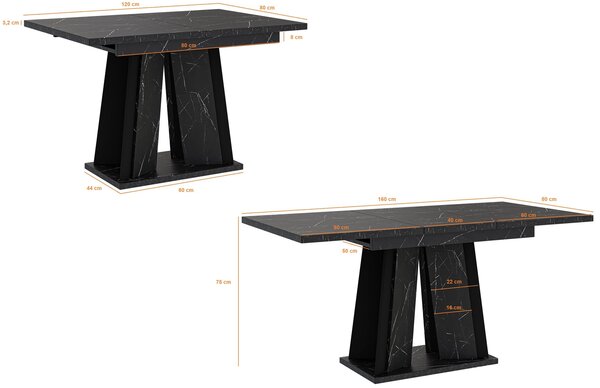 MebleMWM Stół rozkładany DOHA | 120-160x80 | Czarny marmur