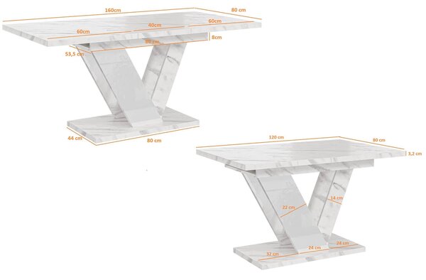 MebleMWM Stół rozkładany DUBAI | 120-160x80 | Biały marmur