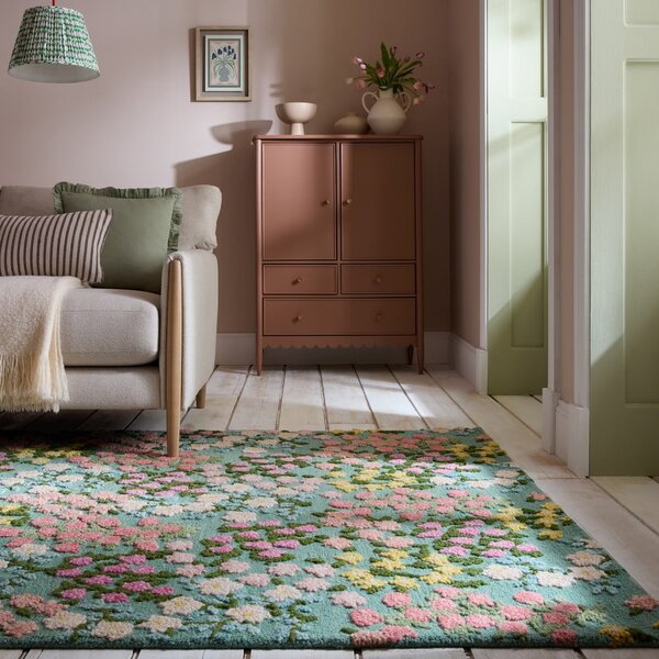 Miętowy wełniany dywan tkany ręcznie 160x230 cm Emilia Floral – Flair Rugs