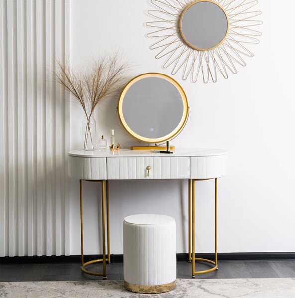 Biała toaletka z pufą i lustrem w stylu glamour - Erton 4X