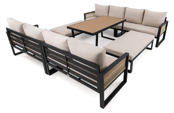 MebleMWM Zestaw mebli ogrodowych RIMINI DUO + Stół Sycylia | Aluminium czarny | Beżowe poduszki