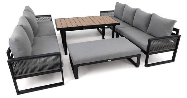 MebleMWM Zestaw mebli ogrodowych RIMINI DUO + Stół Sycylia | Aluminium czarny | Szare poduszki