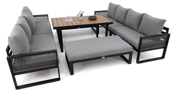 MebleMWM Zestaw mebli ogrodowych RIMINI DUO + Stół Sycylia | Aluminium czarny | Szare poduszki