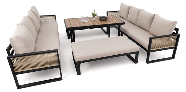 MebleMWM Zestaw mebli ogrodowych RIMINI DUO + Stół Sycylia | Aluminium czarny | Beżowe poduszki