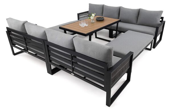 MebleMWM Zestaw mebli ogrodowych RIMINI DUO + Stół Sycylia | Aluminium czarny | Szare poduszki