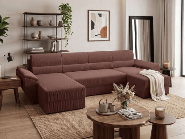 Rozkładana sofa narożna w kształcie U TAVERO 321x140 cm, ciemnoróżowa