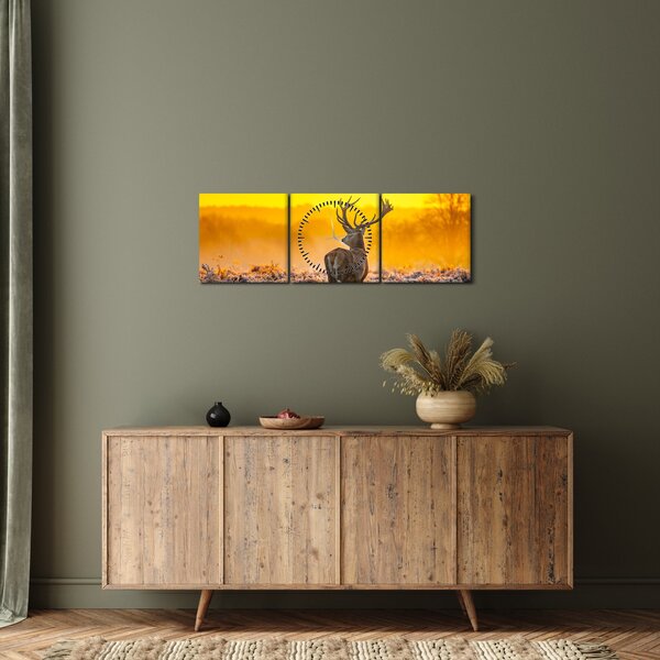 Obraz - Jeleń o wschodzie słońca (z zegarem) (90x30 cm)