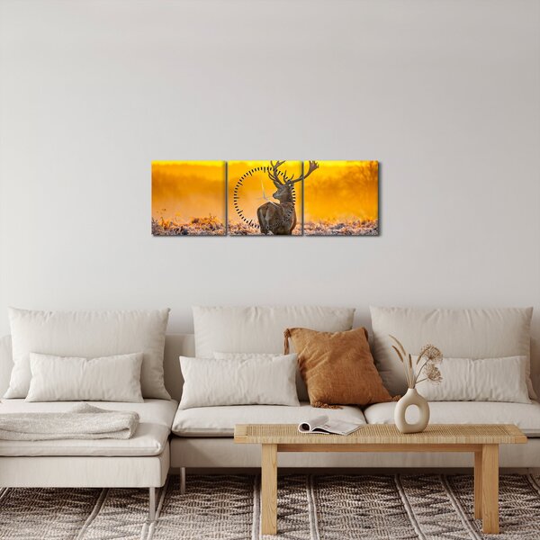 Obraz - Jeleń o wschodzie słońca (z zegarem) (90x30 cm)