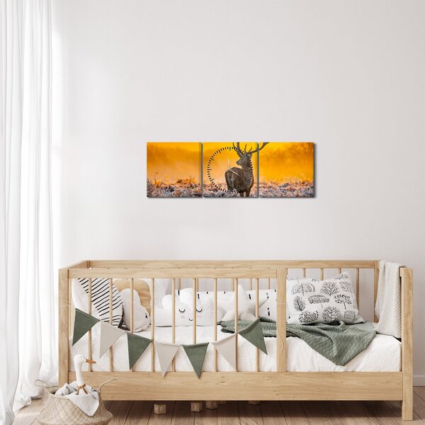 Obraz - Jeleń o wschodzie słońca (z zegarem) (90x30 cm)