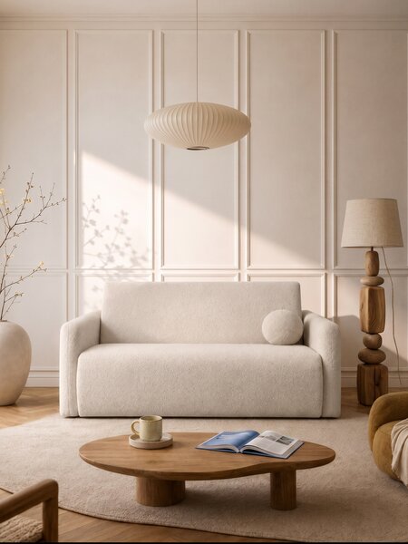 Sofa rozkładana Nido trzyosobowa 140 cm z pojemnikiem - jasny beżowy boucle Quelle 03