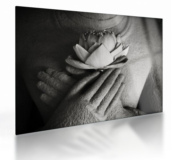 Obraz na szkle - Lotos w rękach Buddy (70x50 cm)