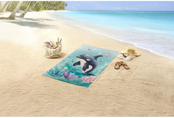 Niebieski aksamitny ręcznik plażowy dla dzieci 75x150 cm Splash – Good Morning