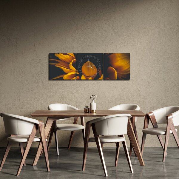 Obraz - Słoneczniki na czarnym tle (z zegarem) (90x30 cm)