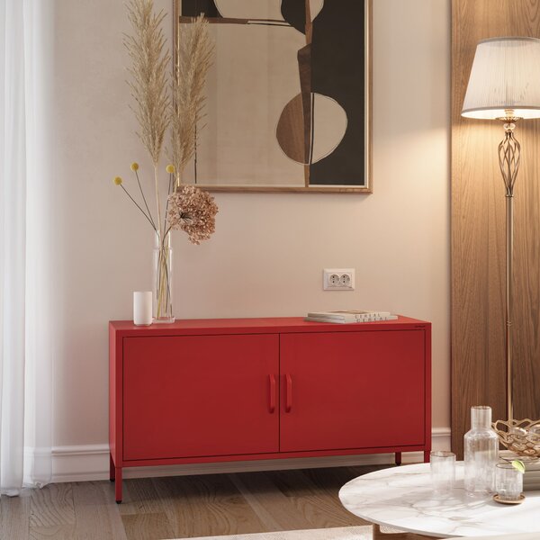 Szafka RTV metalowa na nóżkach czerwona, 1150x595x400 mm: ROSA Modern