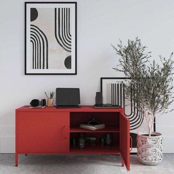 Szafka RTV metalowa na nóżkach czerwona, 1150x595x400 mm: ROSA Modern
