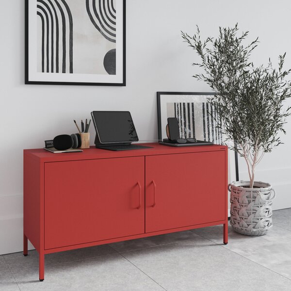 Szafka RTV metalowa na nóżkach czerwona, 1150x595x400 mm: ROSA Modern