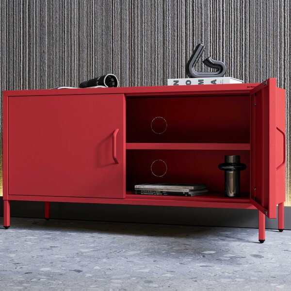 Szafka RTV metalowa na nóżkach czerwona, 1150x595x400 mm: ROSA Modern