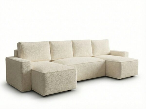 Rozkładana sofa narożna w kształcie U SMART BOUCLE 303x140 cm, kremowa