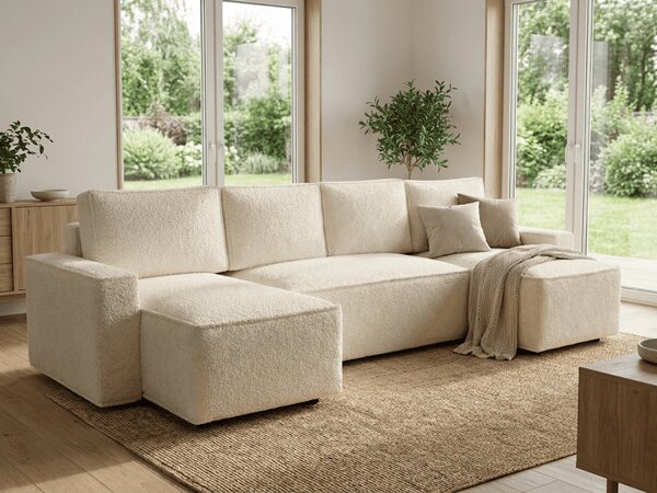Rozkładana sofa narożna w kształcie U SMART BOUCLE 303x140 cm, kremowa