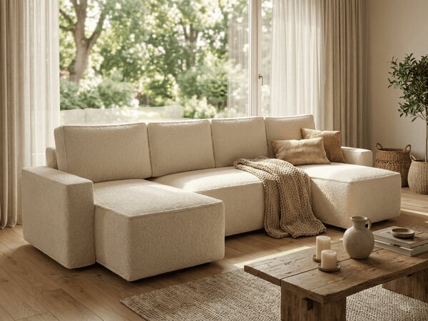 Rozkładana sofa narożna w kształcie U SMART BOUCLE 303x140 cm, kremowa